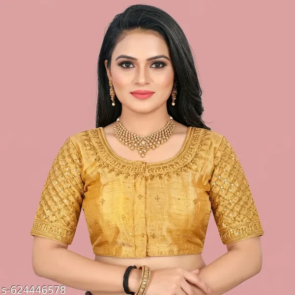 Golden_Silk_Short_Sleeve_Front_Open_Round_Neck_Blouse_For_Women