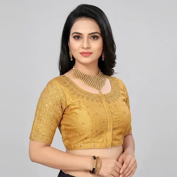 Golden_Silk_Short_Sleeve_Front_Open_Round_Neck_Blouse_For_Women