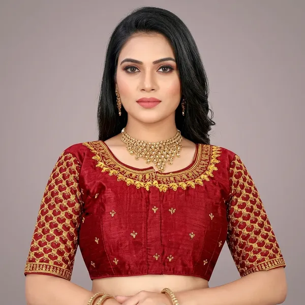 Maroon_Silk_Padded_Round_Neck_Blouse_For_Women