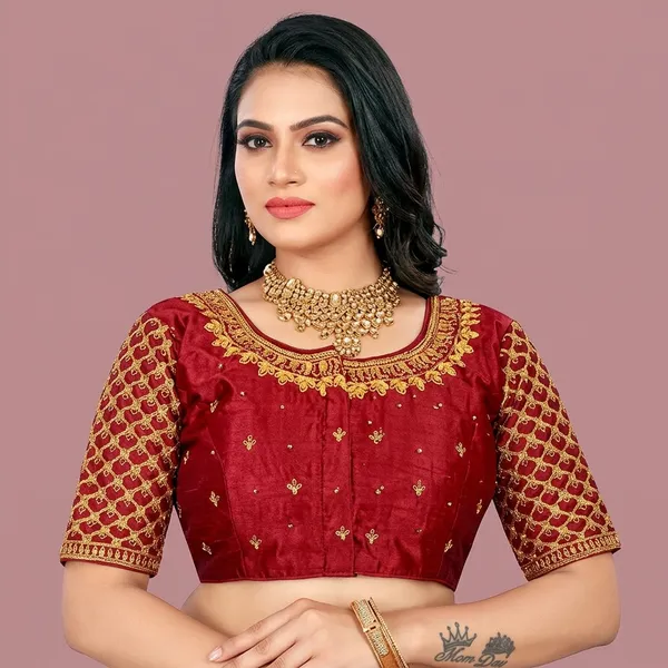 Maroon_Silk_Padded_Round_Neck_Blouse_For_Women