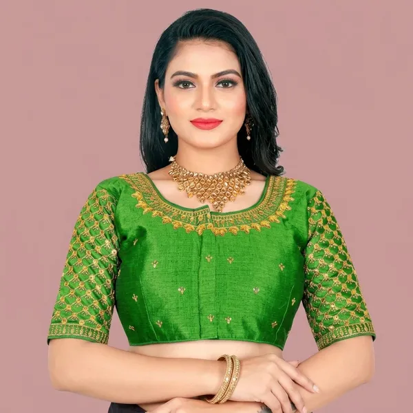 Mint_Green_Silk_Padded_Round_Neck_Blouse_For_Women