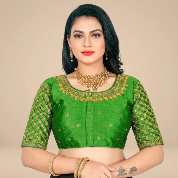 Mint_Green_Silk_Padded_Round_Neck_Blouse_For_Women