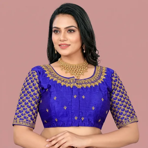 Blue_Silk_Embroidered_Round_Neck_Blouse_For_Women