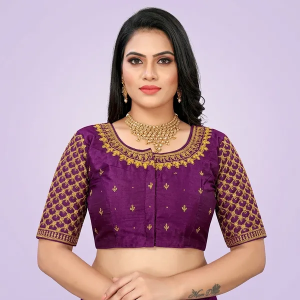 Wine_Silk_Padded_Front_Open_Round_Neck_Blouse_For_Women