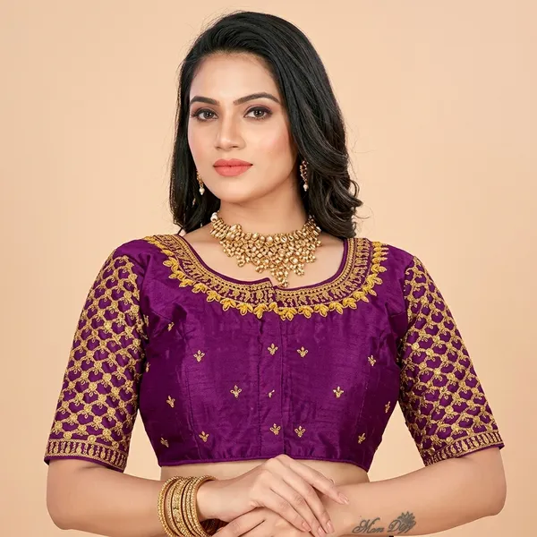 Wine_Silk_Padded_Front_Open_Round_Neck_Blouse_For_Women