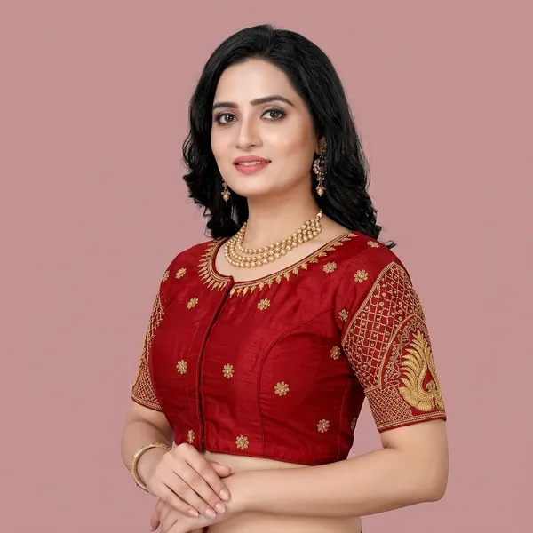 Red_Silk_Short_Sleeve_Front_Open_Round_Neck_Blouse_For_Women