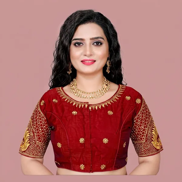 Red_Silk_Short_Sleeve_Front_Open_Round_Neck_Blouse_For_Women