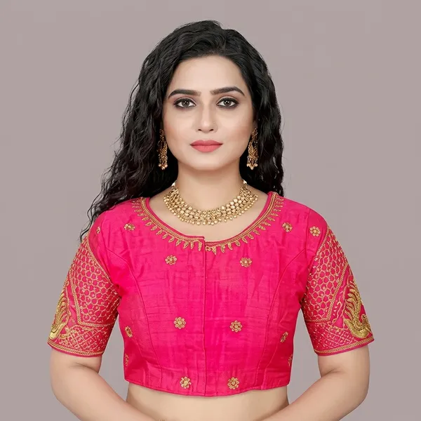 Pink_Silk_Padded_Embroidered_Round_Neck_Blouse_For_Women