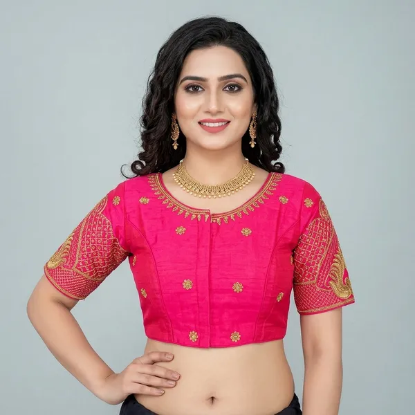 Pink_Silk_Padded_Embroidered_Round_Neck_Blouse_For_Women