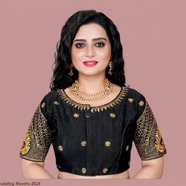 Black_Silk_Padded_Embroidered_Round_Neck_Blouse_For_Women