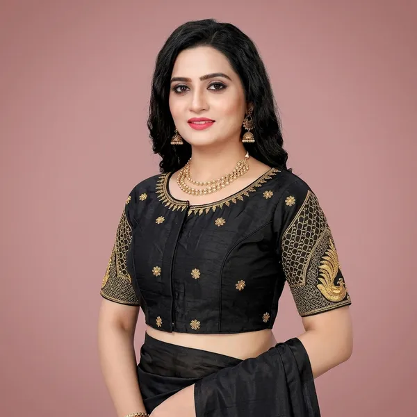Black_Silk_Padded_Embroidered_Round_Neck_Blouse_For_Women