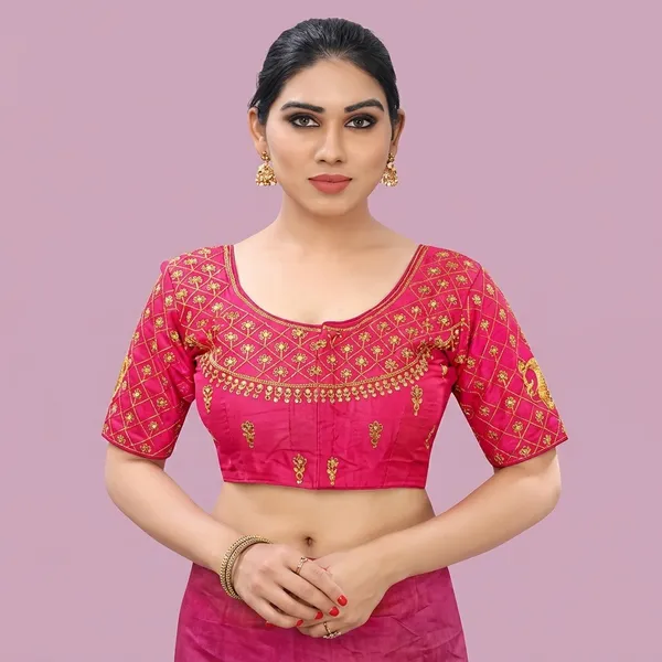 Pink_Silk_Short_Sleeve_Front_Open_Round_Neck_Blouse_For_Women