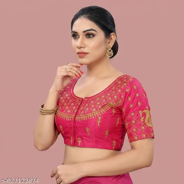 Pink_Silk_Short_Sleeve_Front_Open_Round_Neck_Blouse_For_Women