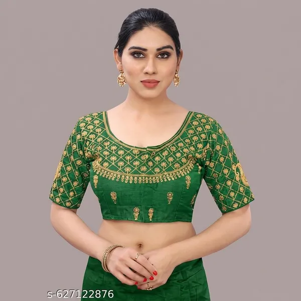 Green_Silk_Padded_Round_Neck_Blouse_For_Women