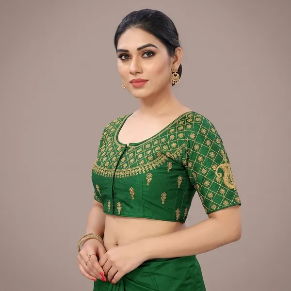 Green_Silk_Padded_Round_Neck_Blouse_For_Women
