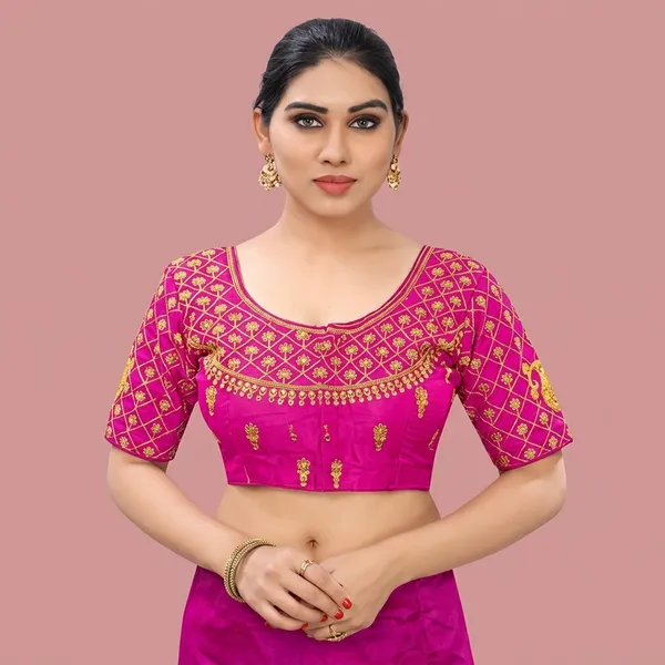 Pink_Silk_Padded_Zari_Work_Round_Neck_Blouse_For_Women