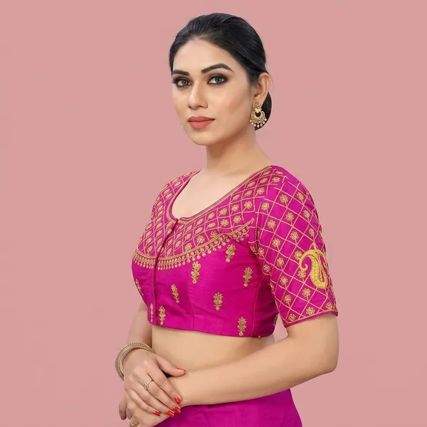 Pink_Silk_Padded_Zari_Work_Round_Neck_Blouse_For_Women