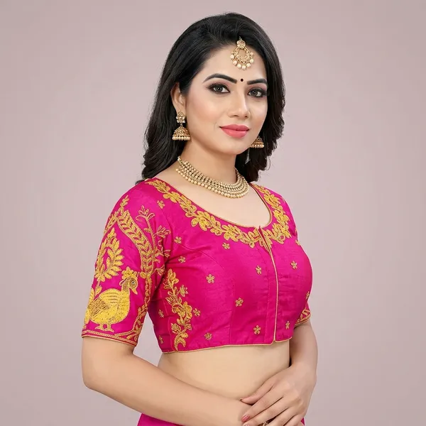 Pink_Silk_Padded_Round_Neck_Blouse_For_Women