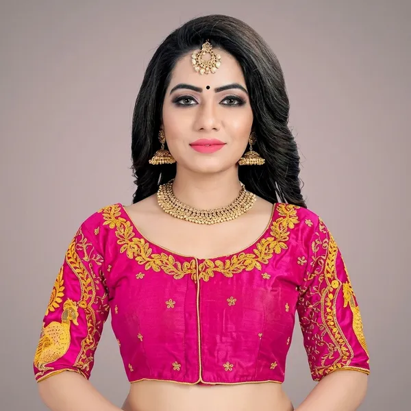 Pink_Silk_Padded_Round_Neck_Blouse_For_Women