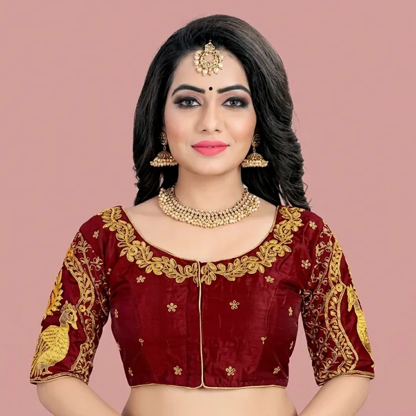 Maroon_Silk_Padded_Round_Neck_Blouse_For_Women