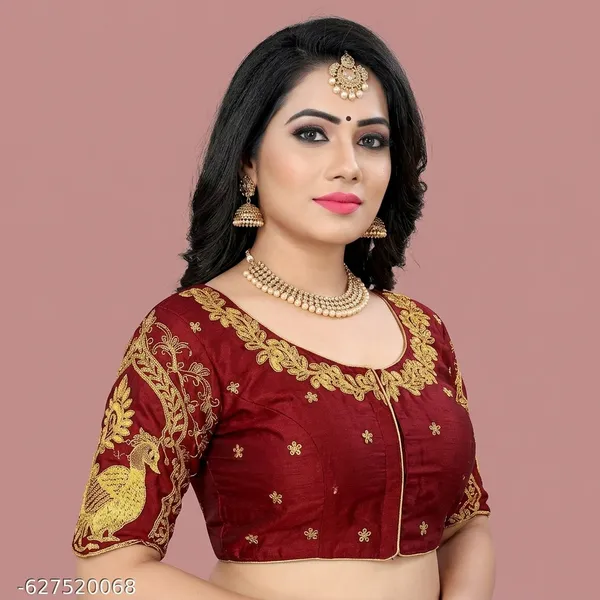 Maroon_Silk_Padded_Round_Neck_Blouse_For_Women