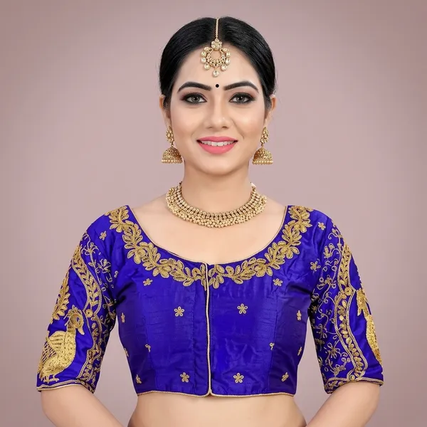 Blue_Silk_Padded_Round_Neck_Blouse_For_Women