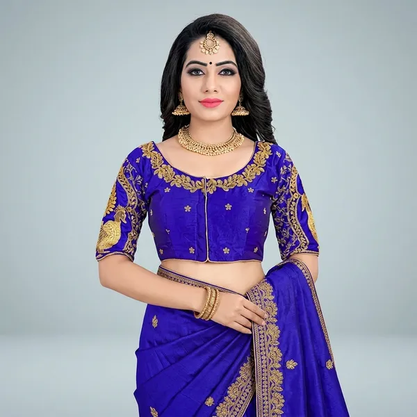Blue_Silk_Padded_Round_Neck_Blouse_For_Women