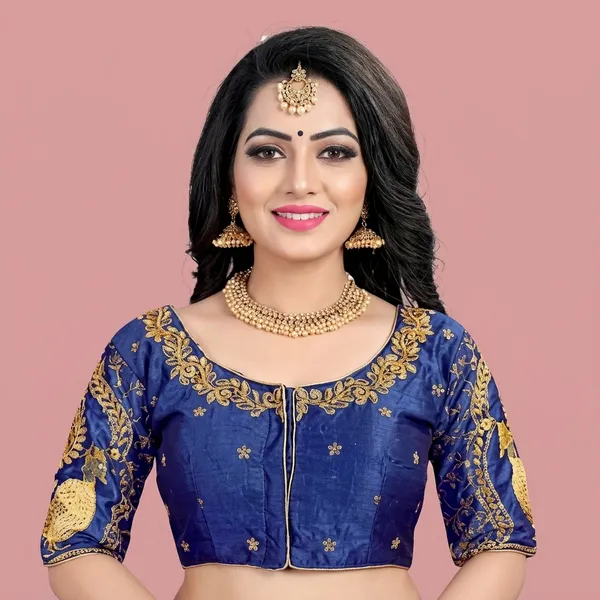 Navy_Blue_Silk_Padded_Round_Neck_Blouse_For_Women