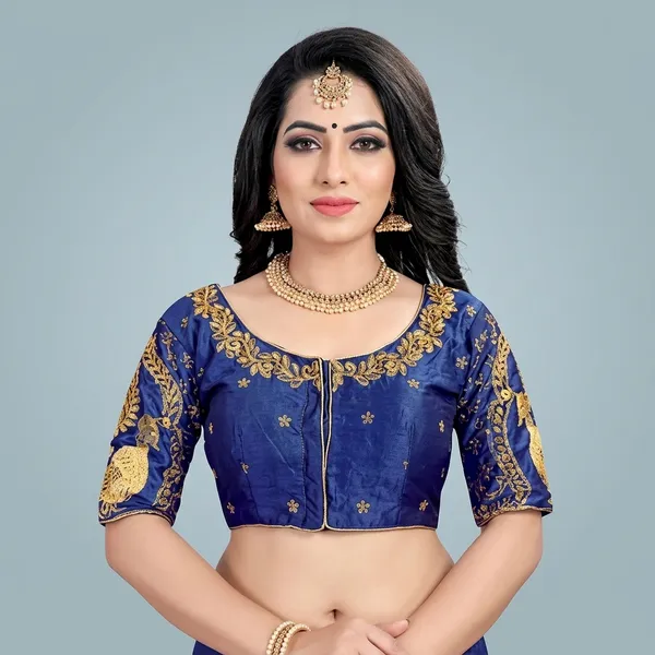 Navy_Blue_Silk_Padded_Round_Neck_Blouse_For_Women