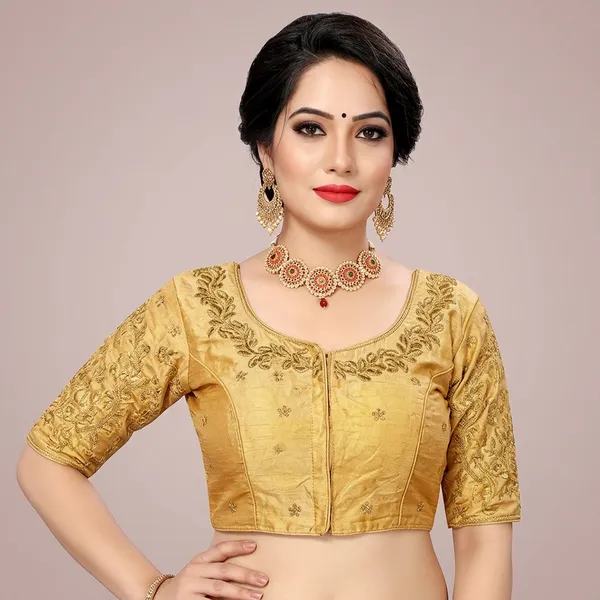 Gold_Silk_Padded_Front_Open_Round_Neck_Blouse_For_Women