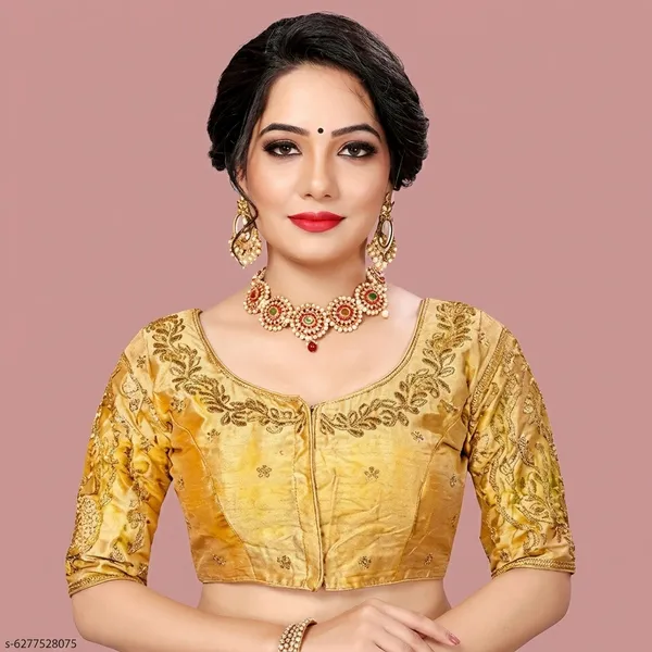 Gold_Silk_Padded_Front_Open_Round_Neck_Blouse_For_Women