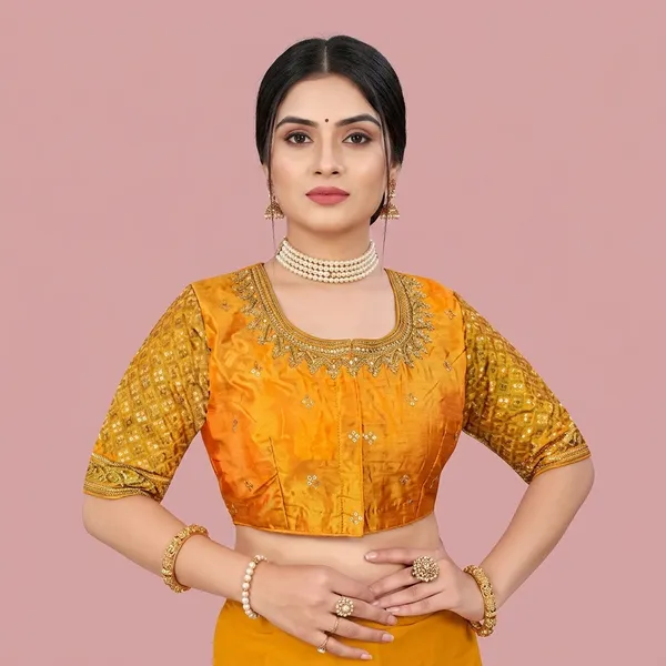 Yellow_Silk_Padded_Round_Neck_Blouse_For_Women