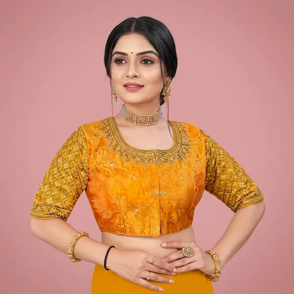 Yellow_Silk_Padded_Round_Neck_Blouse_For_Women