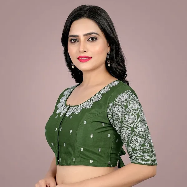 Olive_Silk_Embroidered_Padded_Blouse_For_Women