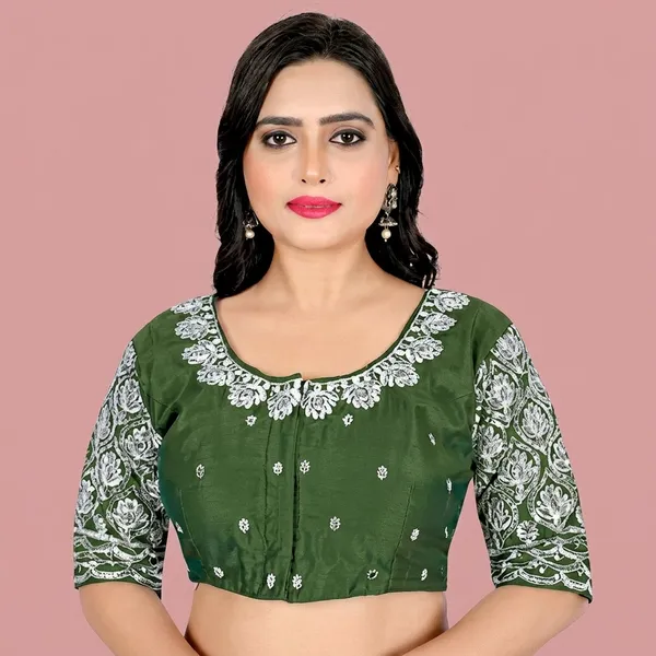 Olive_Silk_Embroidered_Padded_Blouse_For_Women