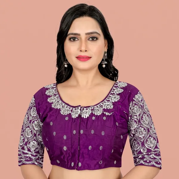Wine_Silk_Padded_Front_Open_Round_Neck_Blouse_For_Women