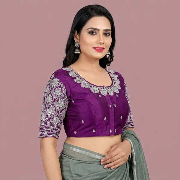 Wine_Silk_Padded_Front_Open_Round_Neck_Blouse_For_Women