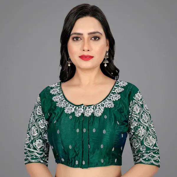 Dark_Green_Silk_Padded_Round_Neck_Blouse_For_Women