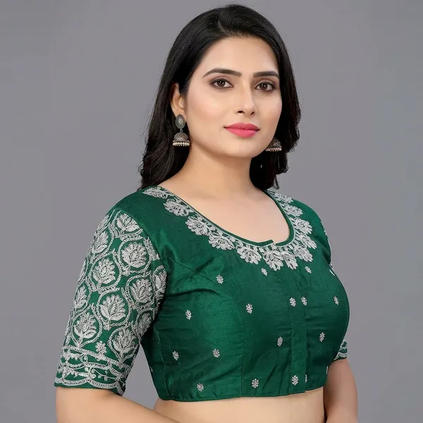 Dark_Green_Silk_Padded_Round_Neck_Blouse_For_Women