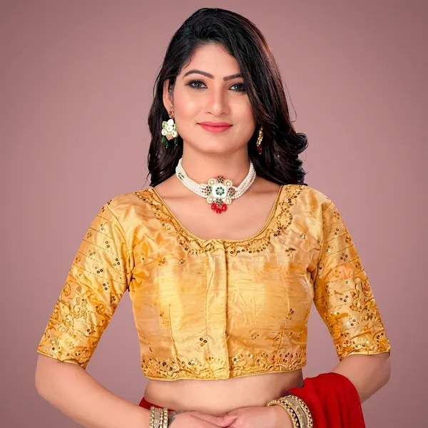 Gold_Silk_Padded_Round_Neck_Blouse_For_Women