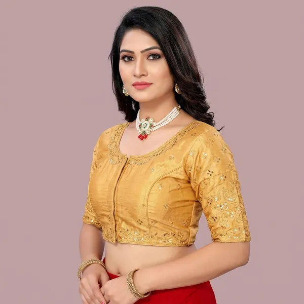 Gold_Silk_Padded_Round_Neck_Blouse_For_Women