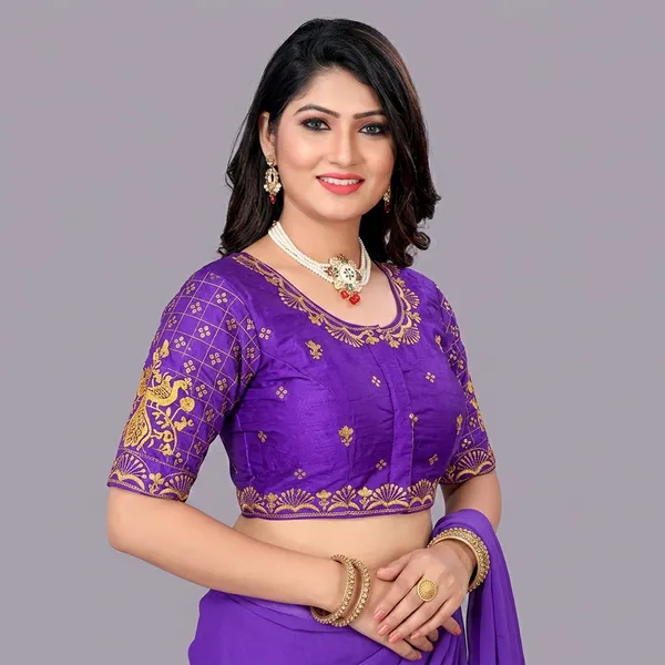 Purple_Silk_Round_Neck_Padded_Blouse_For_Women