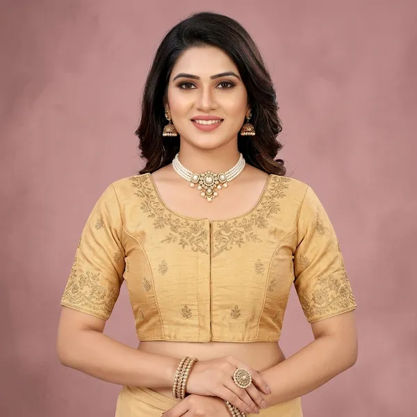 Gold_Silk_Padded_Round_Neck_Blouse_For_Women