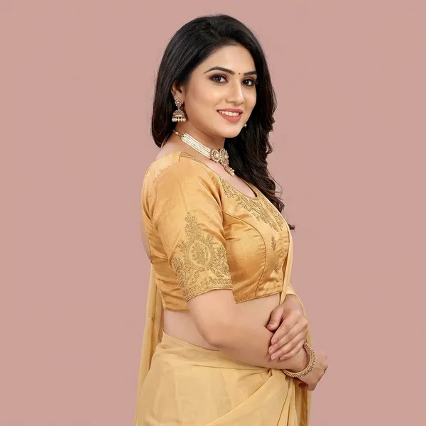 Gold_Silk_Padded_Round_Neck_Blouse_For_Women