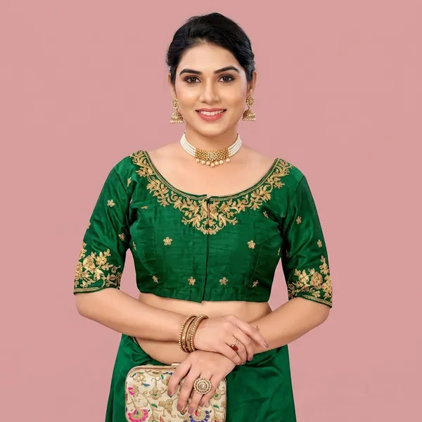 Green_Silk_Short_Sleeve_Front_Open_Blouse_For_Women
