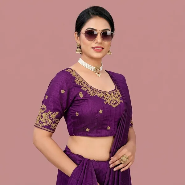 Violet_Silk_Short_Sleeve_Round_Neck_Blouse_For_Women