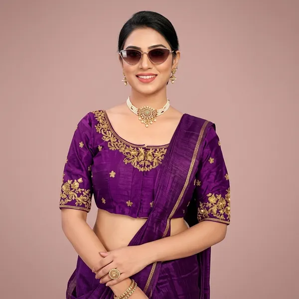 Violet_Silk_Short_Sleeve_Round_Neck_Blouse_For_Women