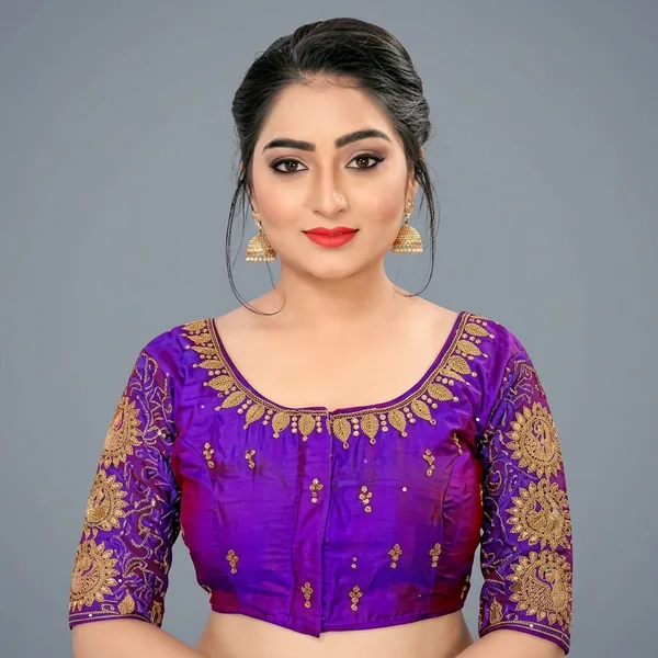 Purple_Silk_Padded_Round_Neck_Blouse_For_Women