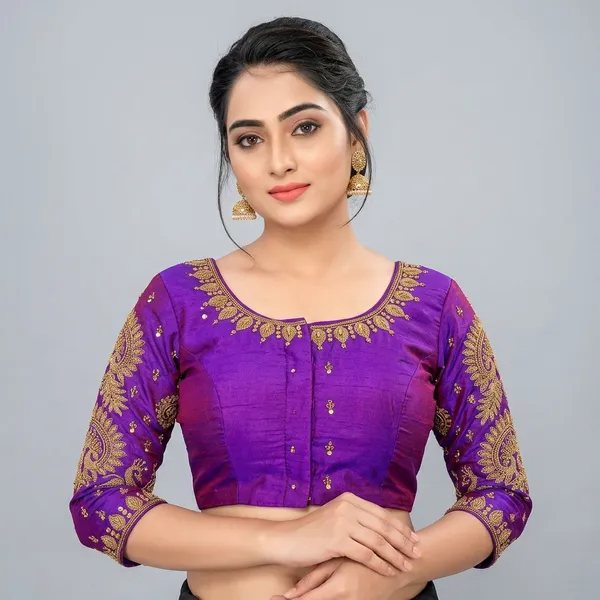 Purple_Silk_Padded_Round_Neck_Blouse_For_Women