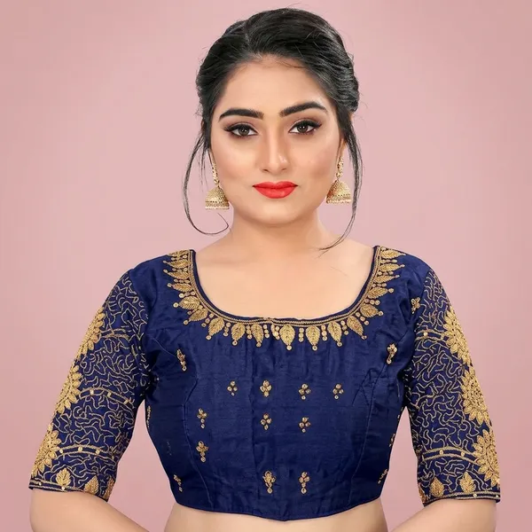 Navy_Blue_Silk_Padded_Round_Neck_Blouse_For_Women